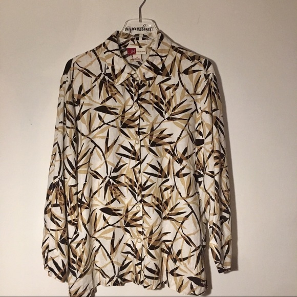 JM Collection Macy’s Linen Coastal Brown Floral Long Sleeve Button Front Shirt - Picture 1 of 8